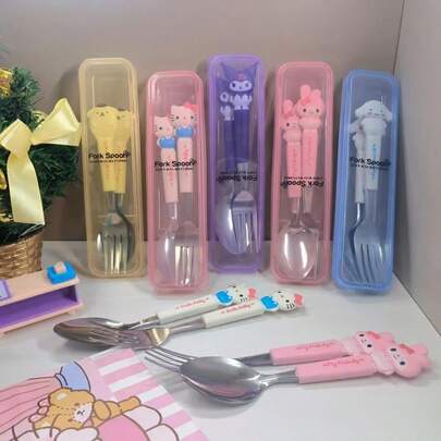Sanrio 1套正品不锈钢便携式餐具套装，可爱卡通勺叉，户外旅行餐具，办公及居家必备，可重复使用礼品（轻微瑕疵和差异属正常现象）