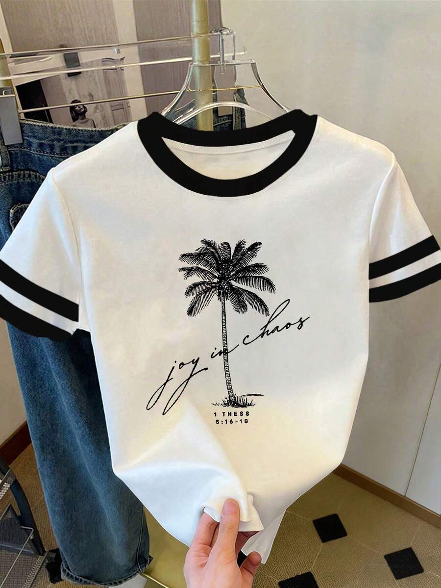 Camiseta gráfica con estampado de palmera, top casual de color contrastante, versátil para ir al trabajo, atuendos de verano, vacaciones, playa para mujeres - Blanco - Ver 1