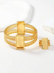 两件套中东斋月优雅玫瑰图案纹理手链戒指套装，馈赠亲友的最佳礼物 - 金黃色 - 查看 5