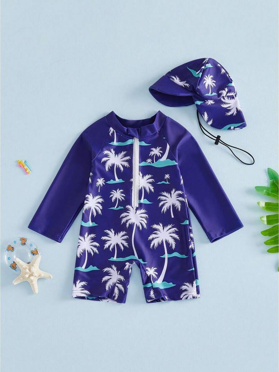 Trajes de baño para bebés y niños pequeños, mono de manga larga con estampado de cocoteros y gorro, 2 piezas - Azul profundo - Ver 1