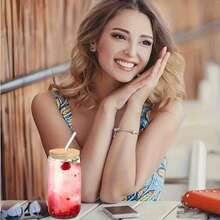 24个/套玻璃杯，配竹盖和玻璃吸管，送给妻子或母亲的礼物 - 圆柱形饮料杯，16盎司冰咖啡、奶昔、珍珠奶茶、水杯 - 含1个清洁刷 - 玻璃 - 查看 8