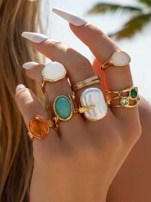 imoli 7pcs Vintage Baroque Style Faux Gemstone & Pearl Creative Personalized Jewelry Ring Set, Suitable For Daily Wear, Casual, Date, Party, Gift - Multicolor - View 2