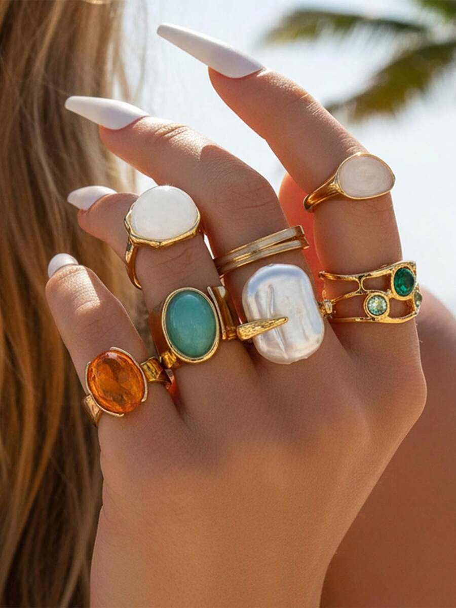 imoli 7pcs Vintage Baroque Style Faux Gemstone & Pearl Creative Personalized Jewelry Ring Set, Suitable For Daily Wear, Casual, Date, Party, Gift