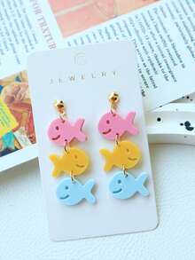 一对可爱亚克力鱼形、饼干形、马卡龙形长款吊坠耳环，教师节、返校季、毕业季的甜蜜礼物 - 彩色 - 查看 8