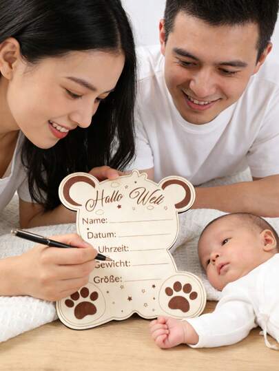 1pc "Hello World" Wooden Birth Announcement Plaque, Gender Reveal Card, Modern German "Hallo Welt" Newborn Welcome Sign, Suitable For Newborn, 1st Birthday And Christening Gifts, Baby Shower Decor, Frameless Artificial Wooden Keepsake With Name, Date, Height And Weight, Home Decor Photography Prop, 1st Birthday Party Decoration, Baby Shower Gift, Gender Reveal Decor, Baby Party Decoration, 1st Birthday Gift