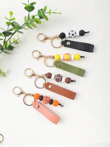 1pc Minimalist & Practical Leather Keychain With Sports-Themed Silicone Bead Design, Fits Various Keys - Multicolor - View 3