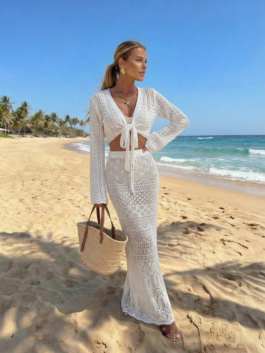 女士新款白色开领长袖喇叭袖系带上衣搭配松紧腰直筒裙，时尚简约休闲度假沙滩性感派对针织两件套，春夏款 - 白色 - 查看 1