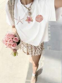 Summer Apricot Short-Sleeve Top Decorated With Shell And Starfish Patterns. Relaxed Style, Easy To Match. Casual White - White - View 8