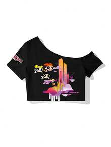 Whysmera SHEIN X Powerpuff Girls 女士不对称印花设计衬衫——打破常规的时尚单品，展现无拘无束的态度 - 彩色 - 查看 4