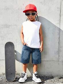 男童经典休闲阔腿中度水洗牛仔及膝短裤，松紧腰带可调节 - 中等水洗藍 - 查看 14