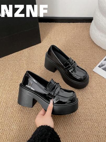 NZNF Black Chunky Heel Versatile Leather Shoes, Women's 2026 New Summer Round Toe Thick Sole Retro Mary Jane Shoes