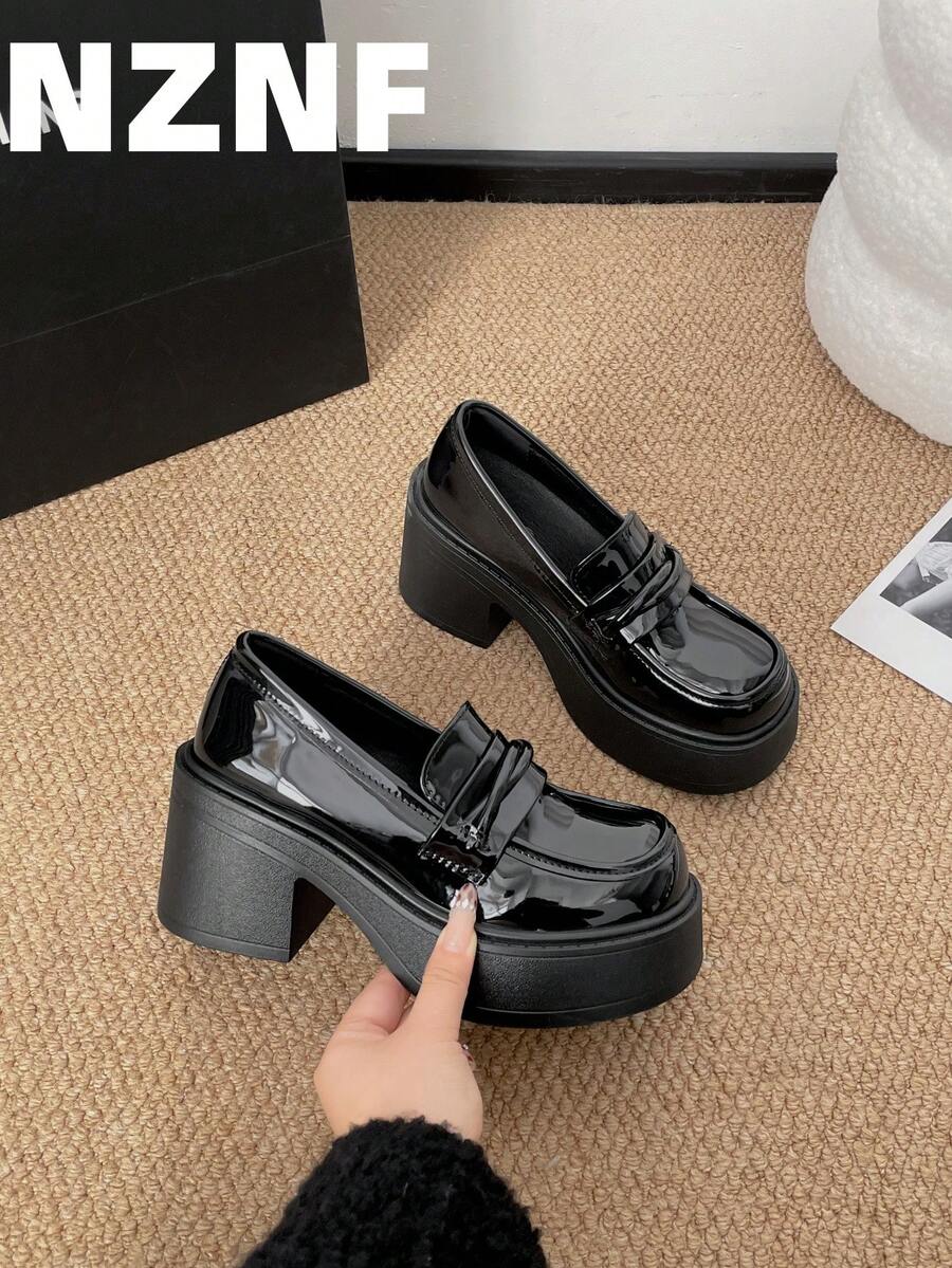 NZNF Giày da đen cao gót đế dày đa năng, giày Mary Jane mũi tròn đế dày kiểu retro dành cho nữ, mẫu mới mùa hè 2026.