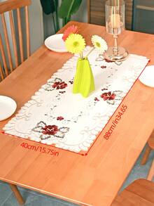 1pc Rose Floral Tablecloth, Luxury Nordic Style Beige Polyester Fabric Rectangular Large Red Embroidered Tablecloth, Suitable For Coffee Table, Dining Table, Wedding - Multicolor - View 2
