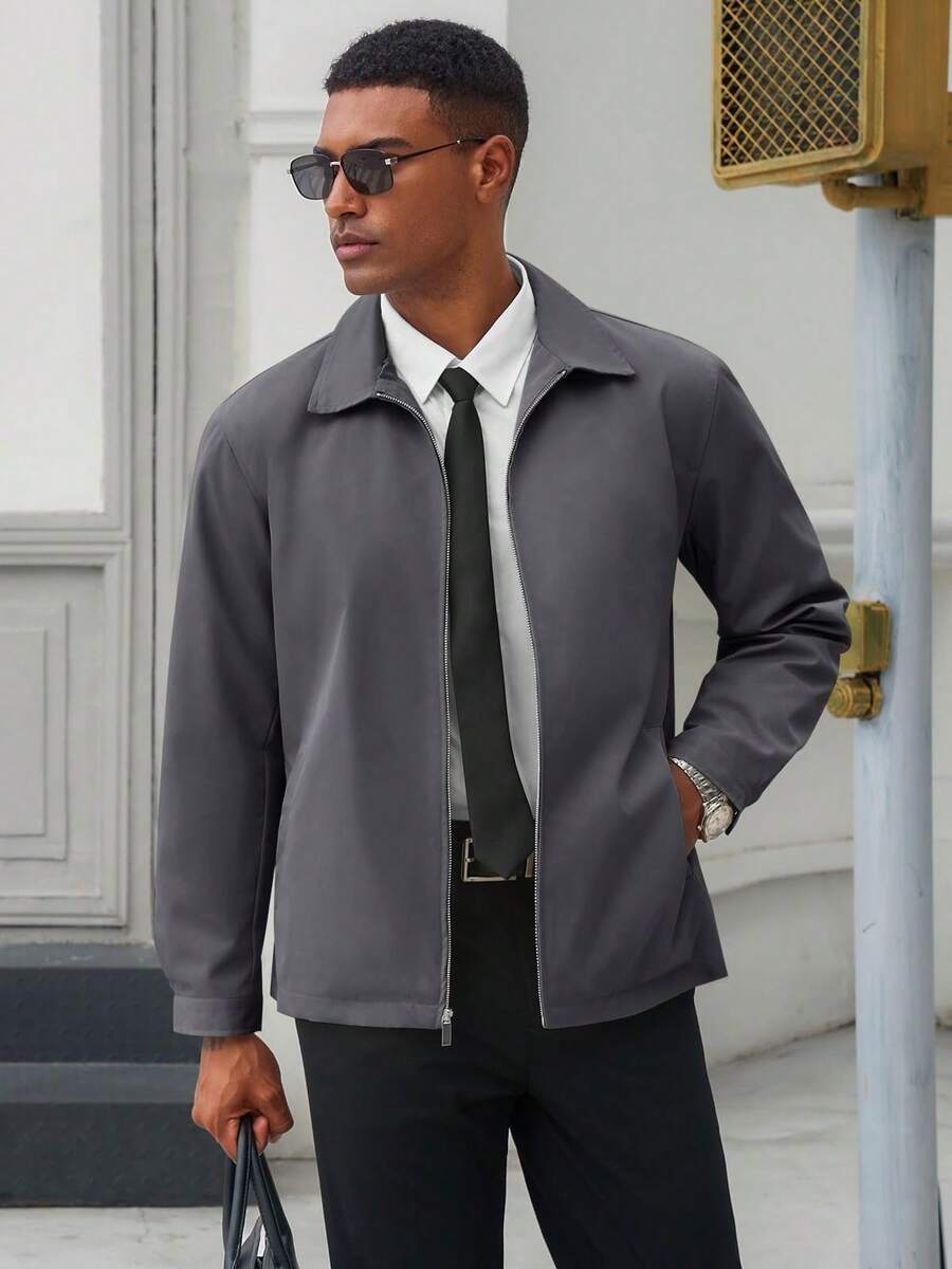 Runcati Mens Full Zip Lightweight Windbreaker Business Casual Fall Golf Coat Jacket With Pockets - Dark Grey - View 1