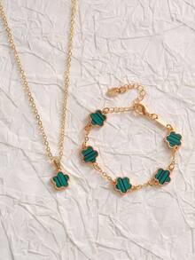 Set de 2 piezas: 1 pieza Collar colgante + 1 pieza Pulsera, Conjunto de joyas minimalista y de moda con estrella, flor y óvalo en tono dorado, adecuado como regalo para novia, boda, graduación o cita - Verde - Ver 10