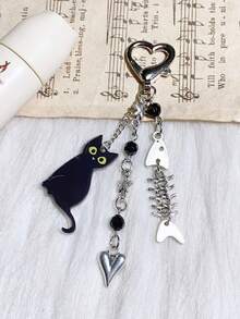 Street-Style Minimalist, Personalized, And Cool Acrylic Cat And Fish Bone Pendant, Handmade Beaded Keychain - Silver - View 7