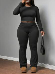 Valentine's Day, Casual Date Night Outfit, Gifts For Her Plus-Size Women's Sleek Two-Piece Set With Long Sleeve Crew Neck Crop Top And High-Waisted Flare Pants For Daily Wear - 黑色 - 查看 5
