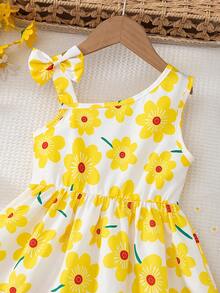 BASUSARRI 度假风斜肩印花连衣裙，优雅女士连衣裙，百搭时尚少女度假沙滩外出连衣裙，夏季女童连衣裙 - 黃色 - 查看 5