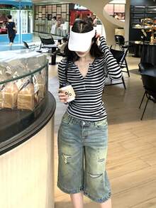 韩版条纹T恤打底衫，修身长袖上衣 - 灰色 - 查看 8