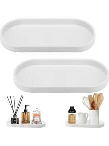 2/Pcs White Silicone Bathroom Vanity Storage Tray, Cosmetics, Perfumes, Candles, Soap Dispensers, Seasoning Storage, White Decorative Tray, Suitable For Home Decoration, Bedroom, Living Room, Kitchen Storage - 彩色 - 查看 1