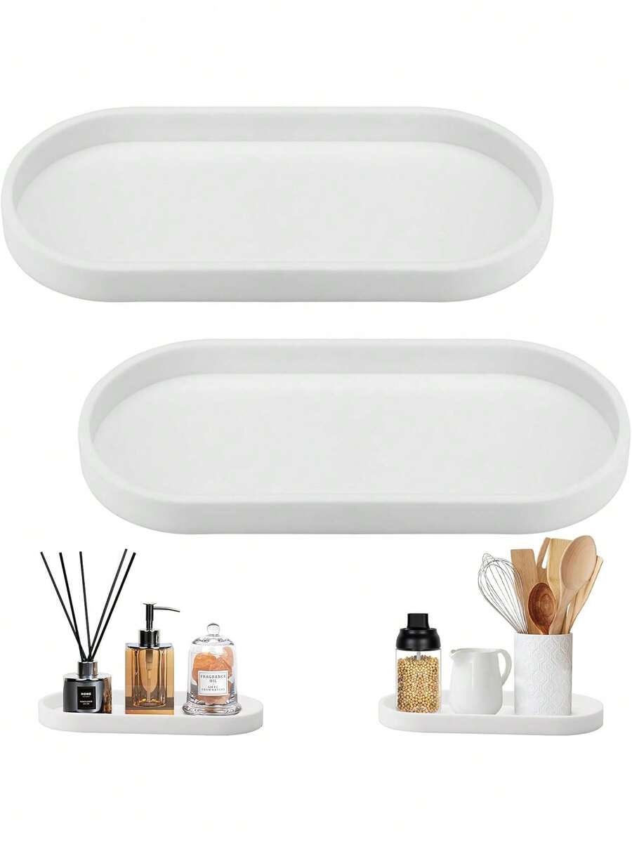 2/Pcs White Silicone Bathroom Vanity Storage Tray, Cosmetics, Perfumes, Candles, Soap Dispensers, Seasoning Storage, White Decorative Tray, Suitable For Home Decoration, Bedroom, Living Room, Kitchen Storage - 彩色 - 查看 1