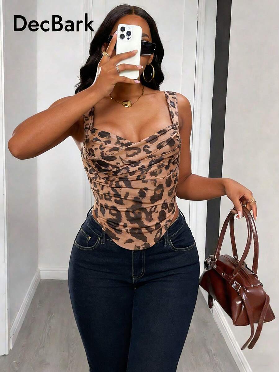 Women's Leopard Print Ruched Front Asymmetrical Hem Camisole Top, Spring/Summer - Brown - View 1