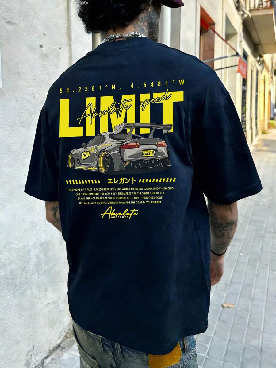 Men's Summer Fashion Minimalist Racing Element Print Round Neck Short Sleeve T-Shirt | Basic Style Street Casual Versatile Top - Navy Blue - View 1