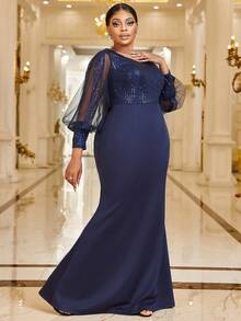 亮片网纱袖连衣裙 - 藏蓝色 - 查看 4