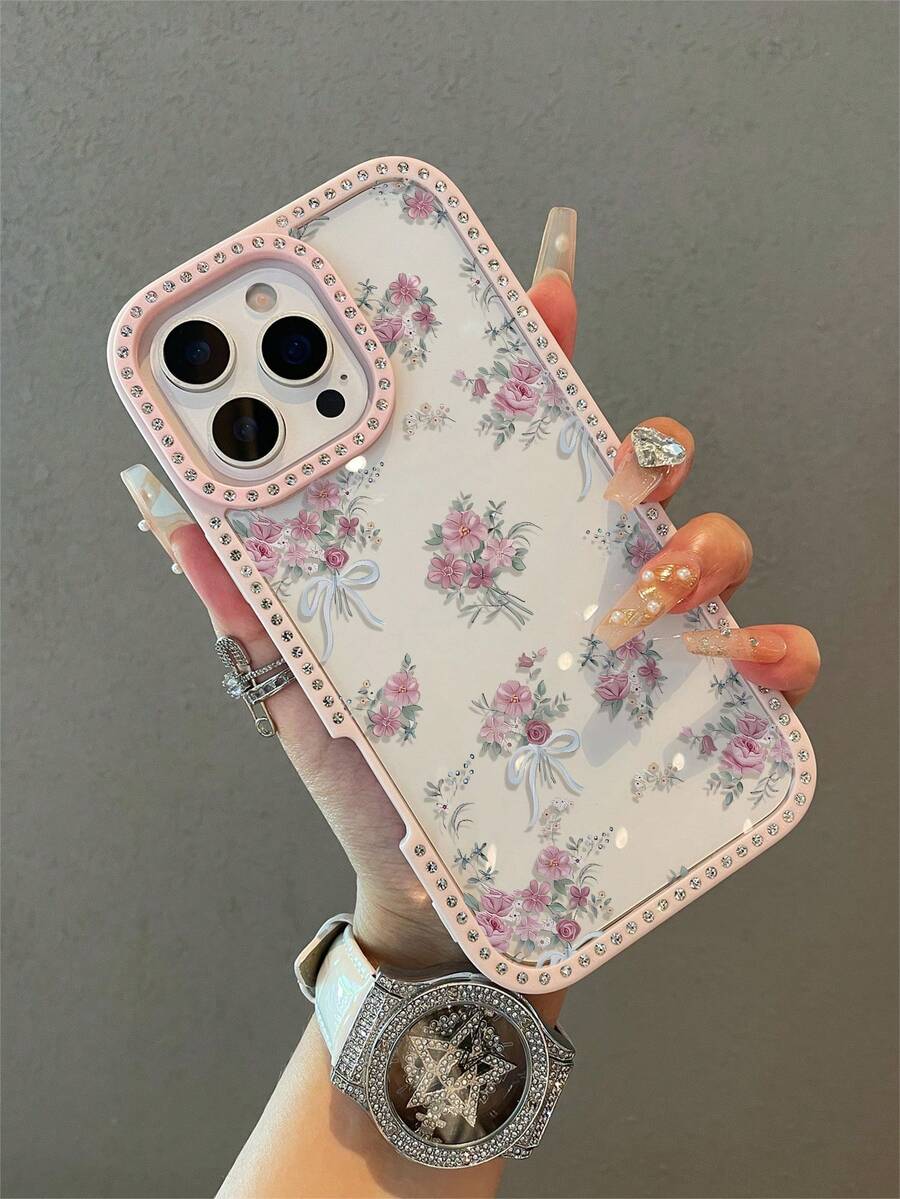 花朵图案单件装奢华豹纹水钻透明闪亮手机壳，兼容 17/17 Air/17 Pro/17 Pro Max/16/16 Pro/16 Plus/16 Pro Max/15/14/13 Pro Max/13/12/11，柔软防震防摔全包手机壳 - 粉色 - 查看 1