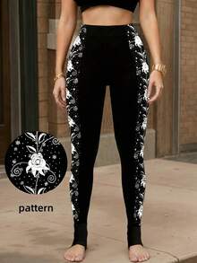1pc Women's Side Printed Skinny Leggings, Casual Daily Wear - Black - View 3