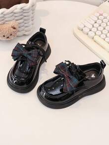 1 Pair Girls' British Style Leather Shoes, New Spring/Autumn Plaid Bow Princess Shoes, Children Soft Bottom Performance Shoes - Black - View 4