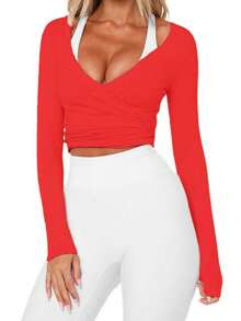 Women Ballet Wrap Top V Neck Solid Long Sleeve Self Tie Dance Shirt Pilates Yoga Tops Y2k Workout Active Blouses Clubwear For Daily Party - 紅色 - 查看 1