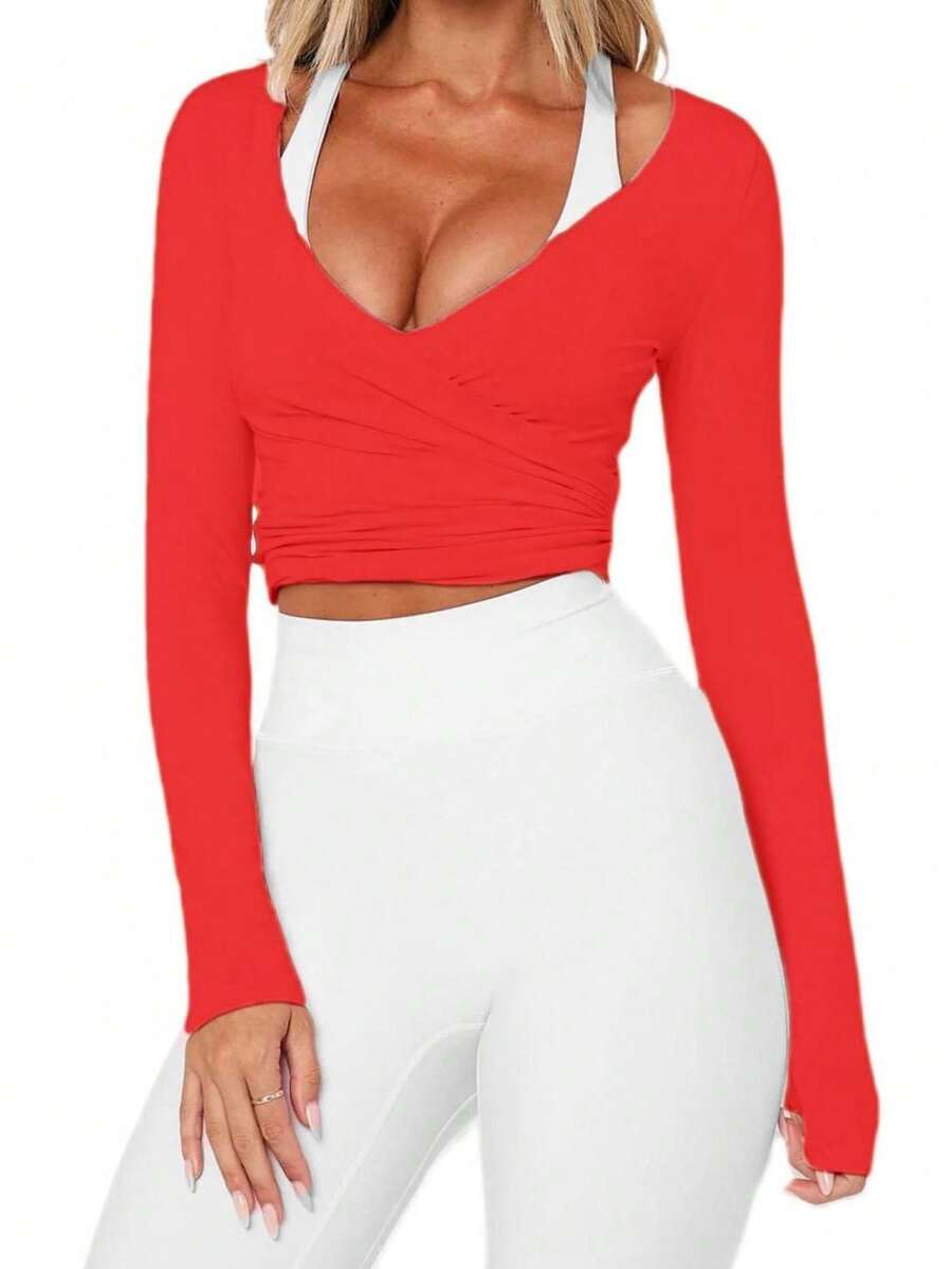 Women Ballet Wrap Top V Neck Solid Long Sleeve Self Tie Dance Shirt Pilates Yoga Tops Y2k Workout Active Blouses Clubwear For Daily Party - 紅色 - 查看 1