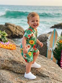 Toddler Baby Boy Hawaiian Outfits Summer Beach Coconut Tree/Palm Leaf Button Down Shirt And Shorts Vacation Clothes - 綠色 - 查看 6
