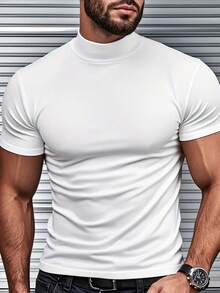 Men's Half-High Neck Solid Color Short Sleeve T-Shirt, Muscle-Fit Tight Top - White - View 3