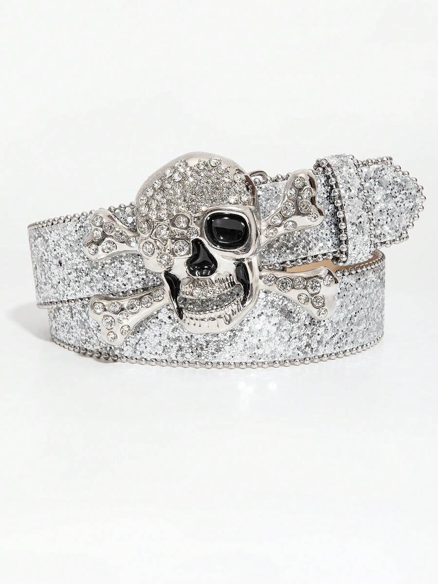 1pc Men's Silver Skeleton Y2K Punk Glitter Casual Belt, Versatile Jeans Belt For Daily Wear - Silver Glitter Skull - View 1