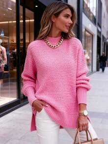 Solid Side Slit Knit Sweater, Casual Long Sleeve Crew Neck Top For Fall & Winter, Women's Plus Size Clothing    Solid Color Stand Neck Pullover Sweater, Elegant Side Split Long Sleeve Knitted Sweater For Fall & Winter, Women's Clothing     Women's Knitted Sweaters Slit Hem Long Sleeve Round Neck Ribbed Loose Fall Pullovers     Ropa De Invierno Mujer     Women's Sweater  Long Sleeve Tops Women - 粉色 - 查看 2