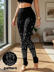 1件装女士闪亮水钻奢华落叶图案踩脚裤，休闲健身服饰 - 黑色 - 查看 12
