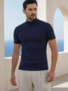 Men's Ribbed Turtleneck Shirt, Old Money Style, Fall/Winter - 藏蓝色 - 查看 3