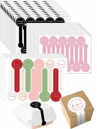 100pcs Handmade "Thank You" Stickers, Cake Decorative Strips, Handmade Sealing Stickers, Self-Adhesive Stickers, Cookie Packaging Baking Stickers, Decorative Stickers, School Supplies, Back To School Season