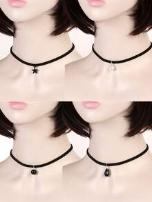 Bộ 4 mặt dây chuyền hình ngôi sao và ngọc trai cổ điển, vòng cổ choker ren phong cách punk dành cho nữ. - Nhiều màu - Xem 2