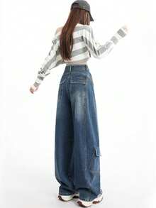 Retro American Design High Waist Loose Slimming Wide Leg Cargo Jeans - Blue - View 4