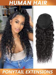 Water Wave Ponytail Human Hair Extension Remy Human Hair Wrap Around Drawstring In Ponytail Extensions Easy To Install Natural Black #1B For Women - Natural Black - View 2