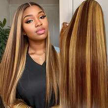 ZHENDEFA 360度蕾丝前假发，4/27蜂蜜金挑染蕾丝前假发，透明高清蕾丝前假发，预拔发际线，女士无胶蕾丝前假发 - S4/27 - 查看 3