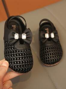 1双复古格子儿童露趾凉鞋，夏季新款时尚透气沙滩鞋，柔软防滑鞋底 - 黑色 - 查看 1