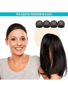 4-Piece Set Of Black Wig Mesh Cap Combination, Women's Mesh Elastic Dome Cap+Anti Slip Grip Strap, Used For Wearing In Front Of Wigs, Can Effectively Reduce Scalp Pressure And Wig Shedding Problems. - Black - View 6