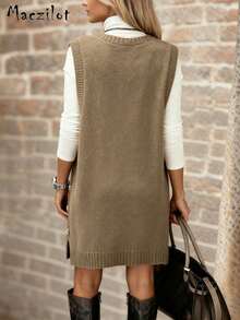 Débardeur sans manches à col rond et boutons, couleur unie, style urbain à la mode - Kaki - Voir 5