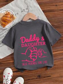 女童休闲印花圆领短袖T恤，夏季上衣 - 深灰色 - 查看 4