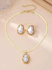 3件套时尚百搭蛇形链不规则珍珠吊坠项链耳环套装，适合少女日常及节日佩戴 - 金黃色 - 查看 5