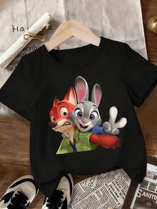 Disney Girls' Black Base Zootopia Short Sleeve T-Shirt, Breathable & Skin-Friendly, Top For Daily Leisure - Black - View 3